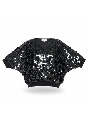 Black Sequin Women’s Cropped Batwing Sweater Top One Size Adjustable Fit